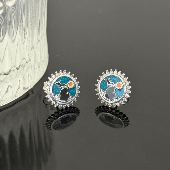 Michigan Bling Earrings S925 Sterling Silver Handmade Ear Stud - Picture 2 of 6